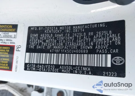 2014 Toyota Camry Le from USA, damaged, VIN 4T1BF1FK5EU460689